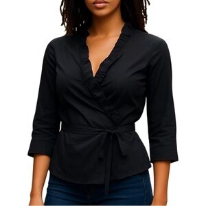 Ann Taylor True Wrap Blouse Black Ruffle 14